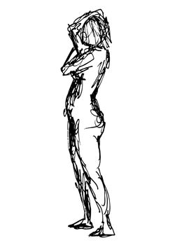 Doodle art illustration of a nude female human figure posing with hand behind head side view  in continuous line drawing style in black and white on isolated background.