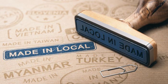 Made in local with name of other countries printed on brown paper background with rubber stamp. Short distribution channels concept. 3D illustration.