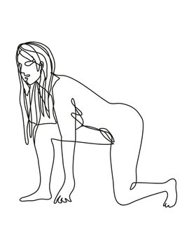 Continuous line drawing illustration of a female nude in Starting or Start Position done in doodle style in black and white on isolated background. 