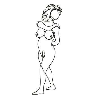 Continuous line drawing illustration of a female nude standing with hand on shoulder done in doodle style in black and white on isolated background. 