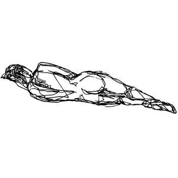 Doodle art illustration of a nude female human figure model posing, reclining, supine pose or lying down done in continuous line drawing style in black and white on isolated background.