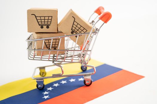 Box with shopping cart logo and venezuela flag, Import Export Shopping online or eCommerce finance delivery service store product shipping, trade, supplier concept.