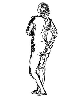 Doodle art illustration of a nude female human figure posing with hand on hips rear view in continuous line drawing style in black and white on isolated background.