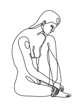 Continuous line drawing illustration of a female nude sitting with one knee up done in doodle style in black and white on isolated background. 