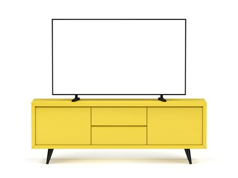 Front view of tv cabinet with flat screen tv on white background