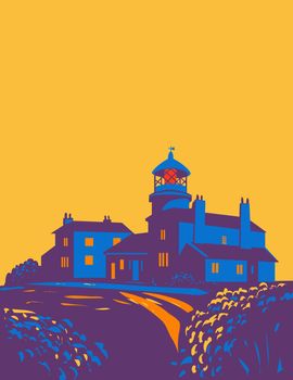 Art Deco or WPA poster of Caldey Lighthouse on Caldey Island within Pembrokeshire Coast National Park in Wales United Kingdom done in works project administration style.