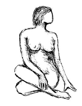 Doodle art illustration of a nude female human figure posing Sitting Crossed-Legged Looking to Side done in line drawing style in black and white on isolated background.