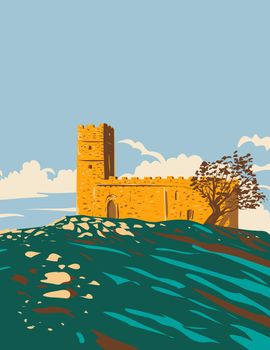 Art Deco or WPA poster of St Michael de Rupe Brentor Church in Dartmoor National Park, Devon, England, United Kingdom done in works project administration style.