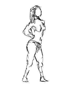 Doodle art illustration of a nude female figure standing with hands on hips of head done in continuous line drawing style in black and white on isolated background.
