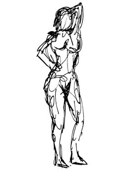 Doodle art illustration of a nude female human figure posing with hand behind head front view  in continuous line drawing style in black and white on isolated background.