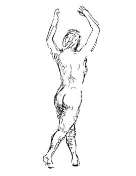 Doodle art illustration of a nude female human figure posing standing with hands up done in continuous line drawing style in black and white on isolated background.