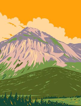 Art Deco or WPA poster of Swiss National Park with Piz Nair and Buffalora in the Western Rhaetian Alps in eastern Switzerland done in works project administration style.