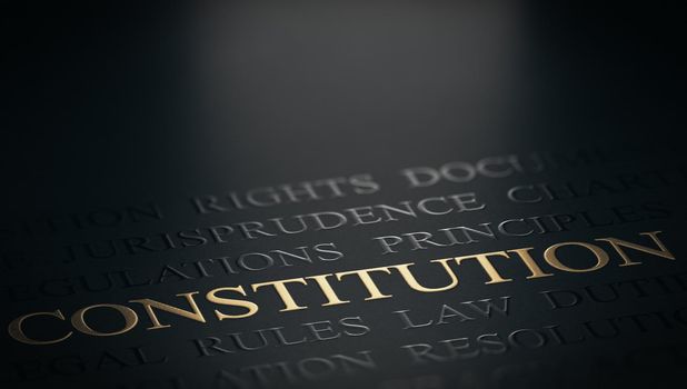 Word constitution witten with golden letters over black background. 3d illustration.