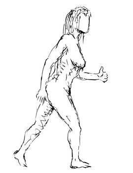 Doodle art illustration of a nude female human figure posing striding with thumb up done in continuous line drawing style in black and white on isolated background.