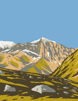 Art Deco or WPA poster of Stelvio National Park with Monte Cevedale covering the regions of  Trentino-Alto Adige, Sudtirol and Lombardia in northeast Italy done in works project administration style.