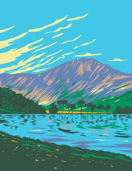 Art Deco or WPA poster of Lake Buttermere within Lake District National Park located in Cumbria in northwest England, United Kingdom done in works project administration style.