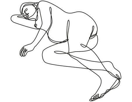 Continuous line drawing illustration of a female nude  in Right lateral recumbent position done in doodle style in black and white on isolated background. 