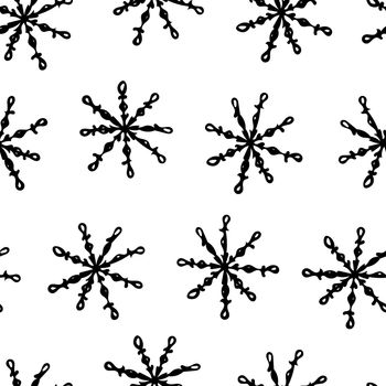 Seamless Pattern with Black Snowflakes on White Background. Abstract Hand-Drawn Doodle Snowflakes.