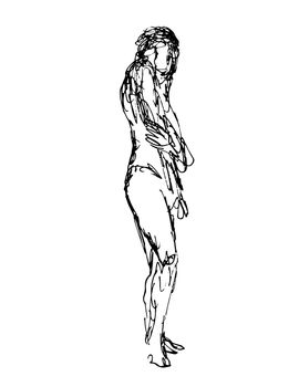 Doodle art illustration of a nude female human figure posing standing done in continuous line drawing style in black and white on isolated background.