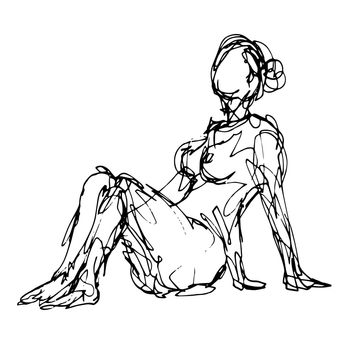 Doodle art illustration of a nude female human figure model posing seated or sitting down done in continuous line drawing style in black and white on isolated background.