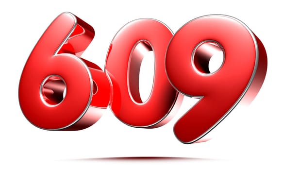 Rounded red numbers 609 on white background 3D illustration with clipping path