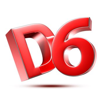 D6 red 3D illustration on white background with clipping path.