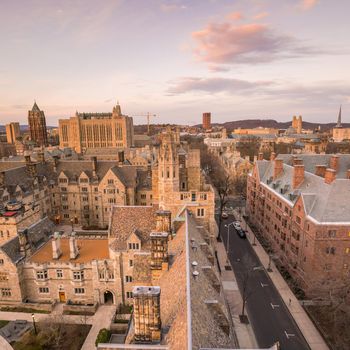 Historical building and Yale university campus in downtown New Haven CT, USA