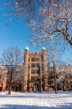 Yale university buildings in winter in New Haven, CT USA