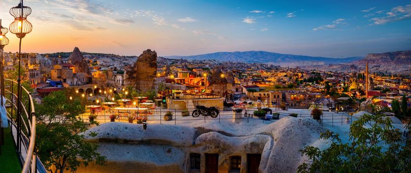 Goreme town on sunset in Cappadocia, Central Anatolia,Turkey