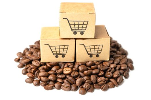 Box with shopping cart logo symbol on coffee beans, Import Export Shopping online or eCommerce delivery service store product shipping, trade, supplier concept.