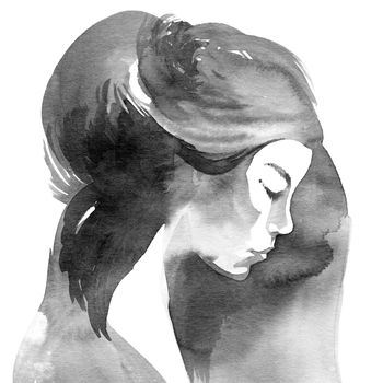 Profil portrait of a woman with long hair in oriental traditional ink style. Hand drawn grayscale illustration on white background.