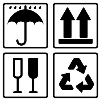 Package icons set, logistics and delivery shipping labels, cargo warning signs