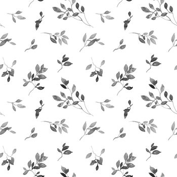 Black ink illustration of tree leaves - grayscale painting on white background. Oriental traditional painting in style sumi-e or gohua. Seamless pattern in minimalistic style.