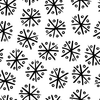 Seamless Pattern with Black Snowflakes on White Background. Abstract Hand-Drawn Doodle Snowflakes.