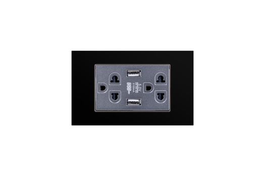 Black color wall outlet AC power plug with USB 5.0V DC output socket for charger isolated on white background.