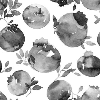 Black ink illustration of blackberries - grayscale painting on white background. Oriental traditional painting in style sumi-e or gohua. Seamless pattern.