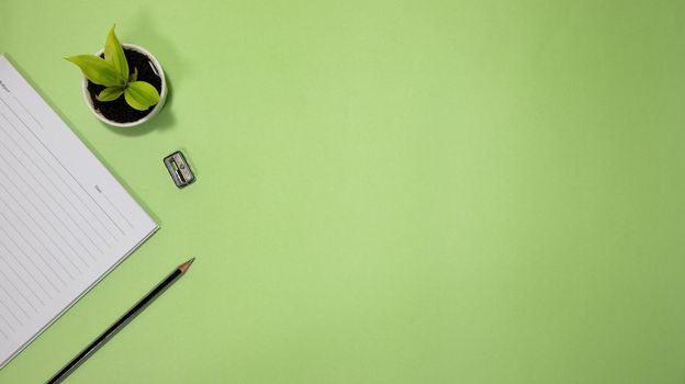 Flat lay black to school and education concept on green background with blank notepad, pencil, green plant and supplies.