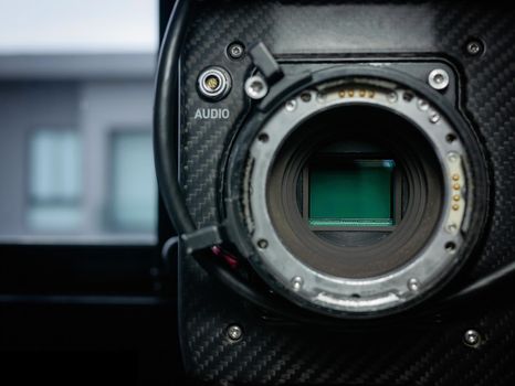 Close-up of the sensor glass of a full frame 4K film camera.