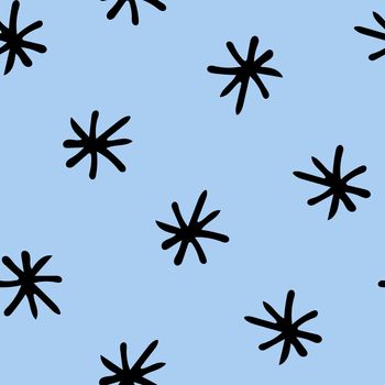 Seamless Pattern with Black Snowflakes on Light Blue Background. Abstract Hand-Drawn Doodle Snowflakes.