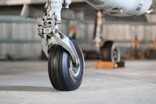 Front landing gear of aircraft on the ground