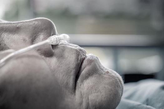 Elderly woman with nasal breathing tube to help with her breathing
