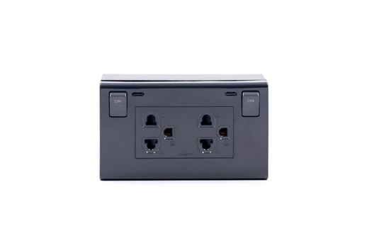 Black color wall outlet AC power plug socket with On-Off switch isolated on white background.