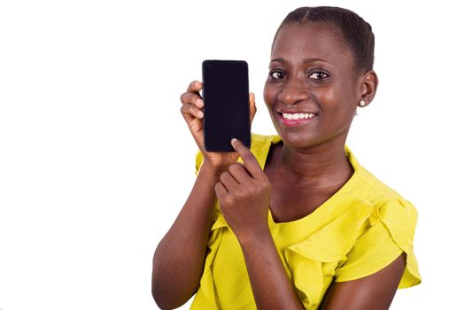 Close up cheerful girl showing mobile phone with black screen and giving thumbs up isolated on white background