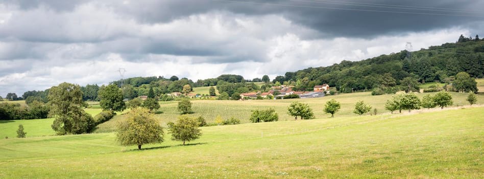 countryside with fields and trees under grey cloudy sky in summer near village in french limousin
