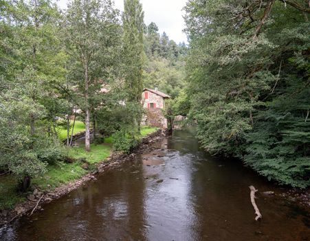 forest and river vienne near limoges and st leonard with building of old watermill in france