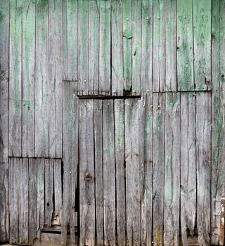 very old rickety grungy worn down not very green wooden doors of ancient barn somewhere in southern france can be used as background