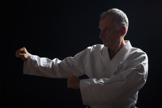 Senior man practicing karate indoor.