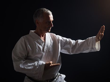 Senior man practicing karate indoor.