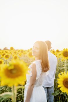 Autumn nature. Young romantic couple walking in sunflower field in sunset