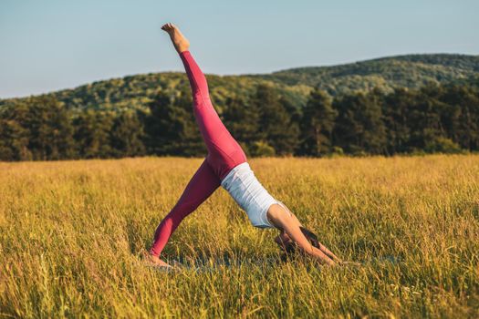 Beautiful woman doing yoga in the nature,Adho Mukha Svanasana/Downward facing dog pose with leg up.